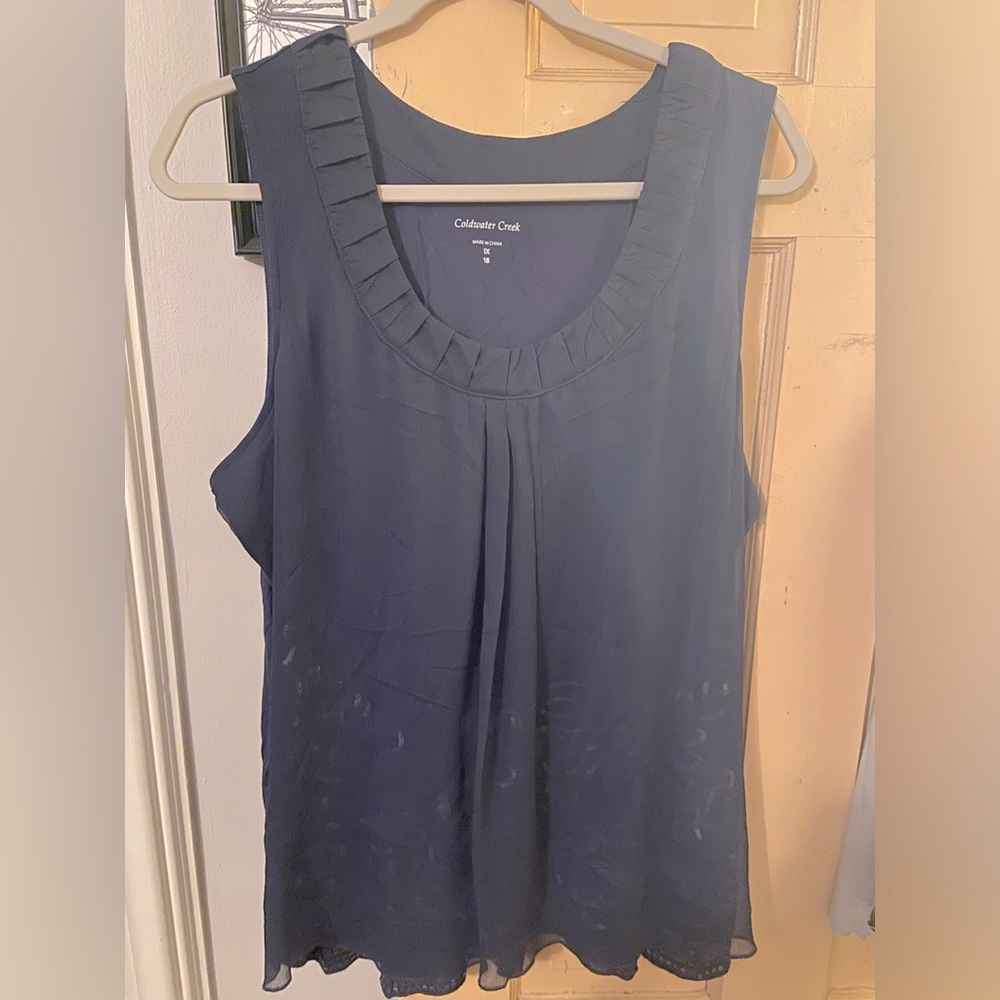 Navy shell tank with sequin pattern under mesh layer